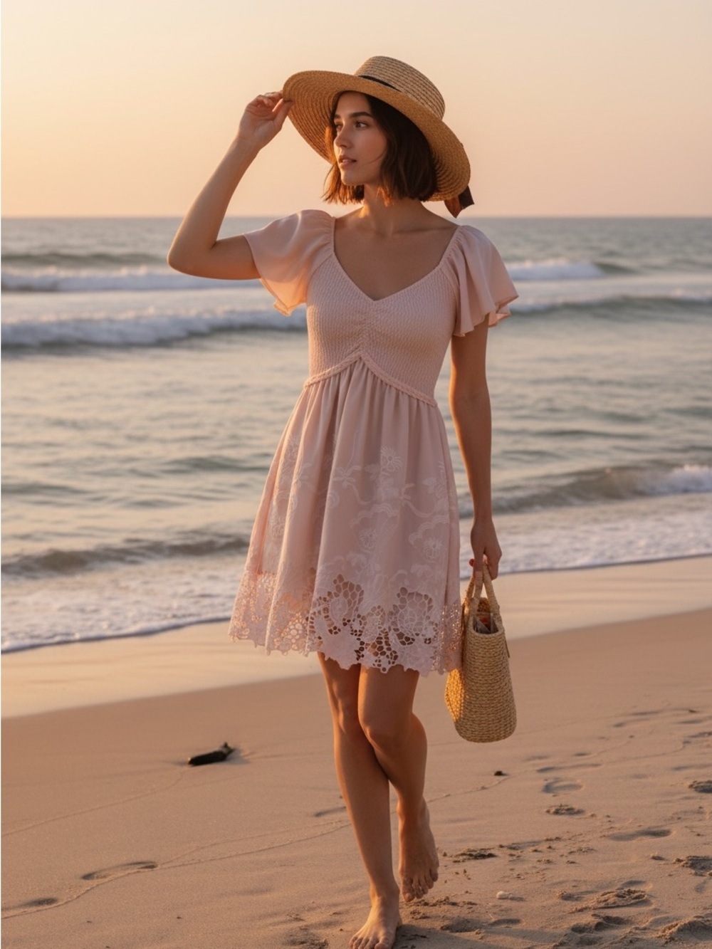 VENUS Pale Pink Smocked Midi Dress with Lace Hem